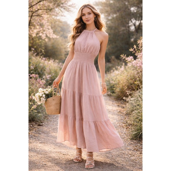 Express Dresses & Skirts - Express Pink Smocked Halter Dress Small Tiered Ruffle Fairycore Boho Cottagecore